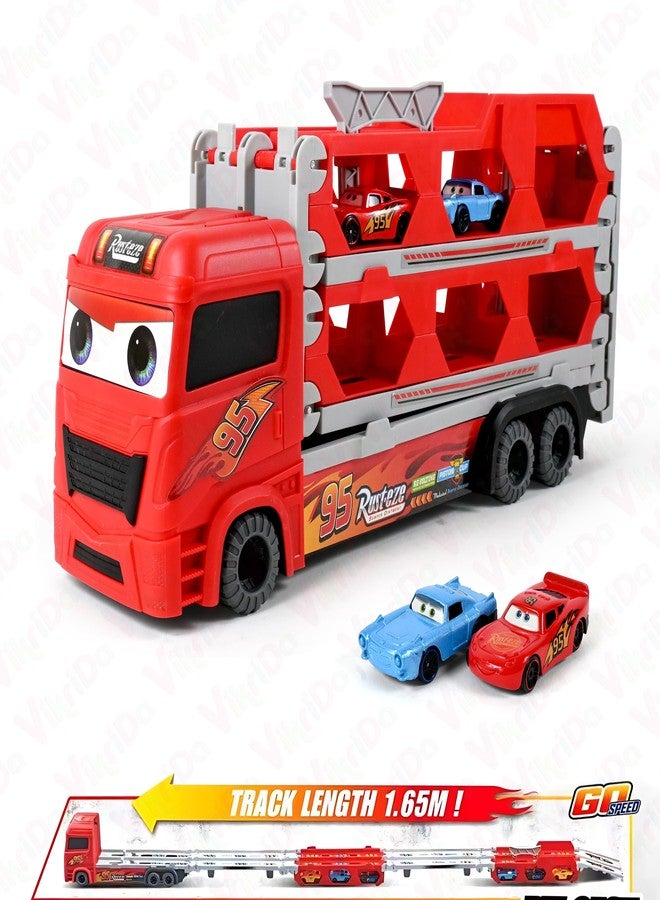 VikriDA Big Hauler Storage & Transform Transport Truck Toy | 2 Foldable Ejection Race Tracks with 2 Die-Cast Cars - Red - Image 2